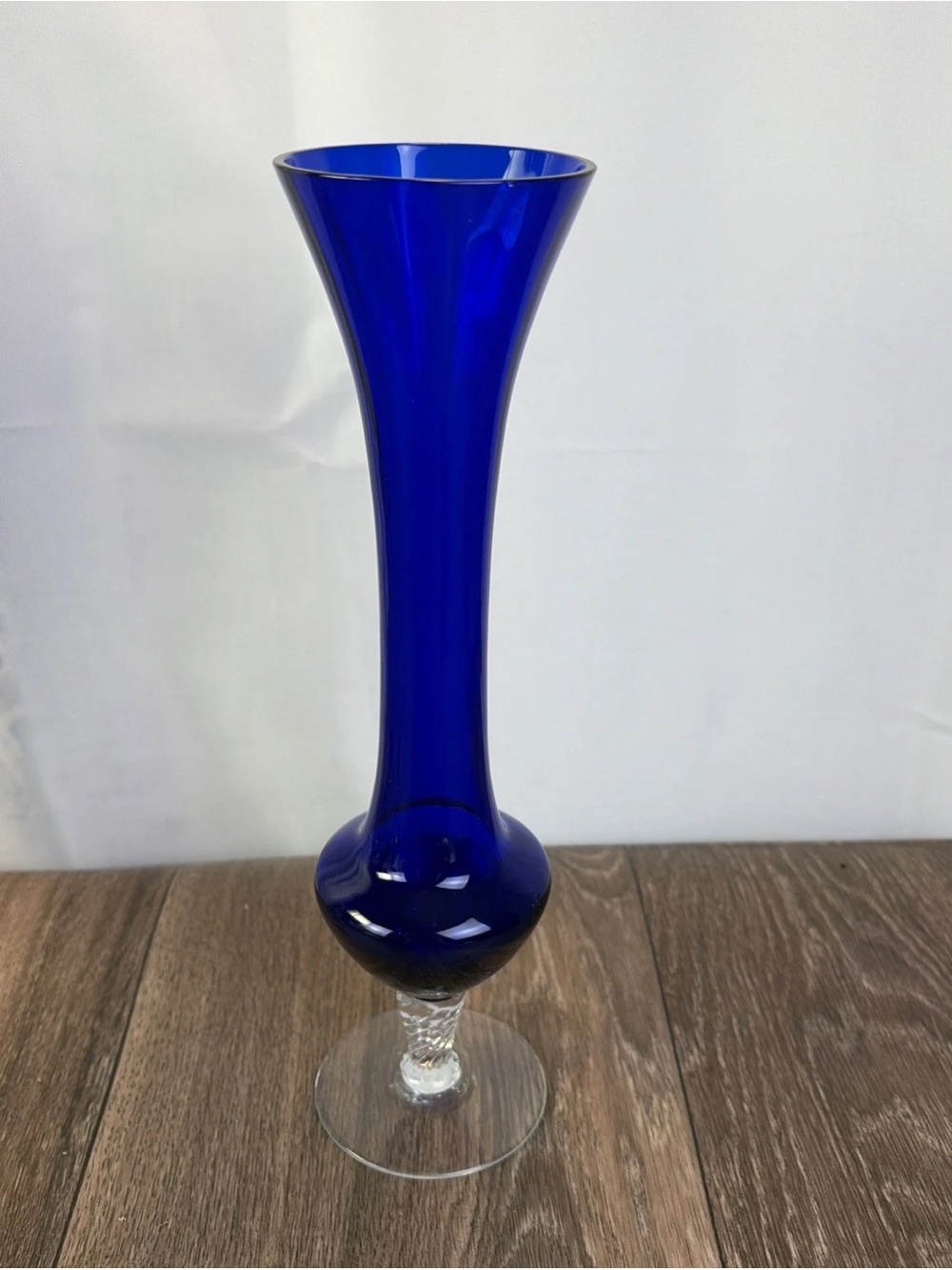 Cobalt Blue 10" Italian Style Clear Swirled Pedestal Glass Bud Vase
